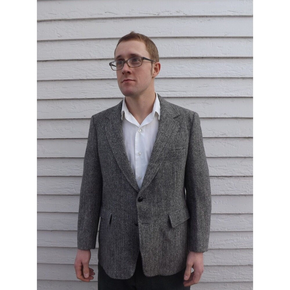 Vintage Mens Herringbone Jacket Black White Sport Coat Tweed Wool 40